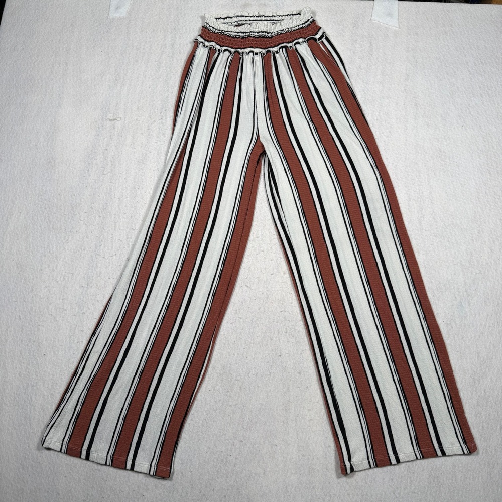 Love Tree Womens Large Wide Leg Pants Rust White Black Striped Smocked Waist
